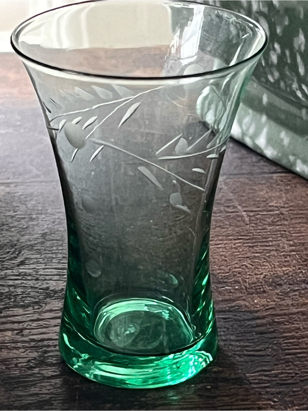 Vintage Green Cordial Glass with Etched Leaf Design